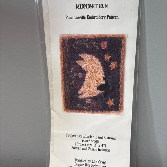 Midnight Run Moon & Stars Punch Needle Pattern Kit by Pepper Tree Primitives 3x4 - Picture 1 of 6